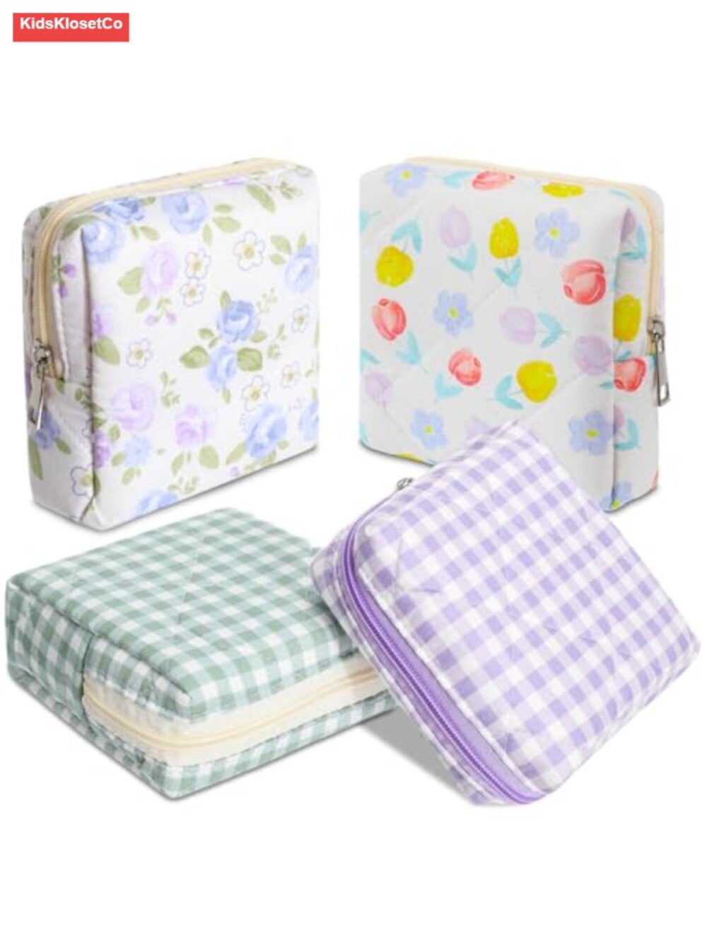 Set of 4 Mini Quilted Floral Makeup Bags Cotton Cosmetic Pouch Zipper Cute